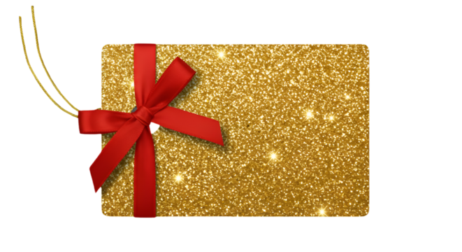 Golden Gift Tag Illustration with Red Ribbon Isolated on Transparent Background