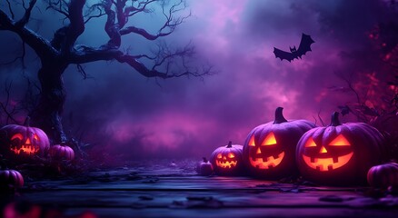 Spooky Halloween pumpkins with glowing faces under a purple night sky jack o lantern