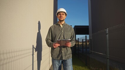 Portrait of a man in the construction caste and with a notebook in his hands near the house