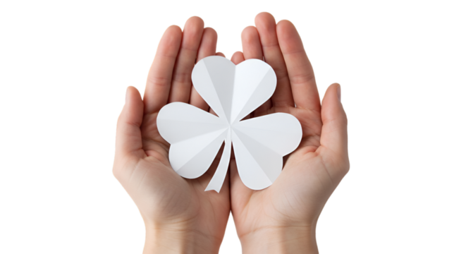 Hands Holding White Paper Clover Illustration On Transparent Background