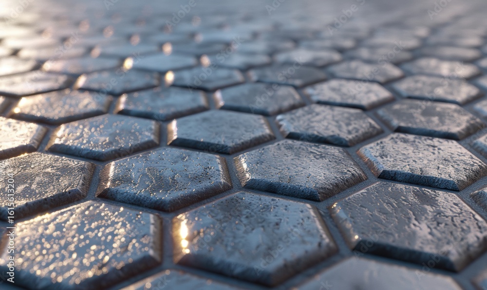 Poster hexagonal tile pattern close up metallic sheen textured surface background