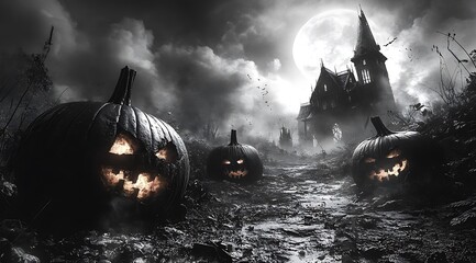 Spooky Halloween scene with glowing jack o lanterns and haunted mansion under full moon