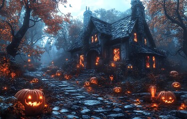 Spooky Halloween scene with carved pumpkins and a haunted house at night jack-o-lantern