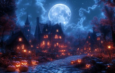 Spooky Halloween village with carved pumpkins under a full moon night