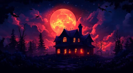 Spooky haunted house under a large red moon with bats flying halloween night
