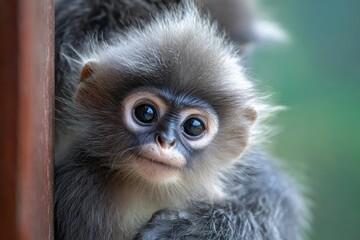 Obraz premium Young Dusky Leaf Monkey with her family on a balcony shot with shallow focus