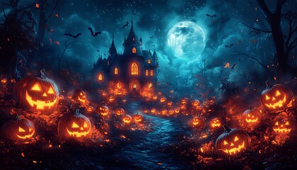 Spooky haunted house illuminated by jack o lanterns under a full moon halloween pumpkin