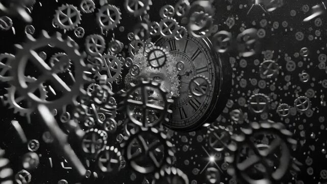 A hyper grayscale human face disintegrates swirling metallic particles fragments clock. dark void faint time ripples. cinematic, 4k surreal dreamlike decay, emotional energy, cosmic dramatic light