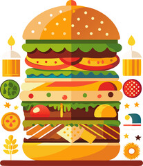 Flat vector cheeseburger art featuring detailed layers, grilling scenes, and picnic themes in bold solid colors. Great for food apps, events, and digital marketing for National Cheeseburger
