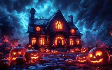 Spooky haunted house with glowing jack o lanterns at night halloween pumpkin