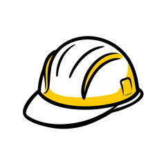 A vector icon of a yellow and white construction hard hat. This image could be used by websites and blogs related to construction, safety, engineering, home renovation, or manual labor.

