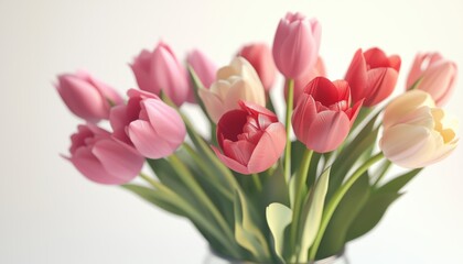 Naklejka premium Stunning Arrangement Of Tulips In A Vase, Close-Up Of Vibrant Tulips With Soft Focus And Blur Effect For A Captivating Image.