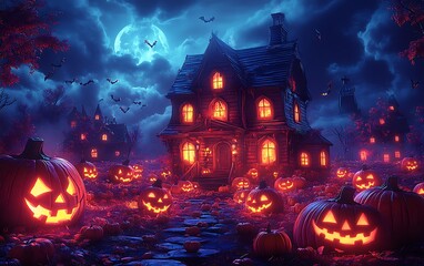 Spooky haunted house with glowing jack o lanterns under a full moon halloween pumpkin 2