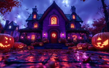 Spooky haunted house with glowing jack-o-lanterns and bats at night halloween pumpkin