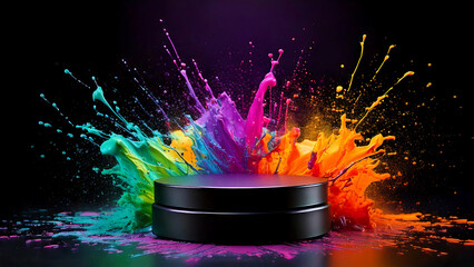 Vibrant rainbow powder explosion surrounds a sleek black pedestal on a dark background