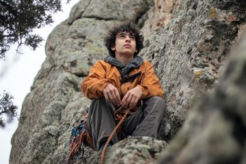 Young Jorge climbing a vertical wall in La Padriza Sierra de Madrid