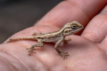 Naklejka premium Young lizard Agamidae on left hand