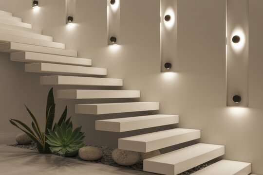 Modern floating staircase design with wall lighting ideas