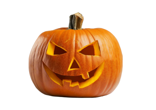 Spooky halloween jack o lantern pumpkin glowing on transparent background.