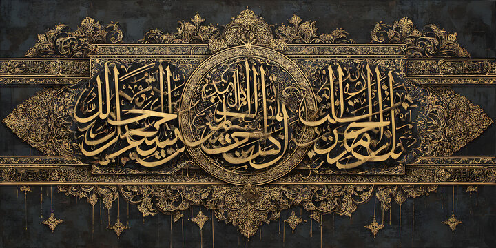Islamic calligraphy artwork with gold detailing on dark background
