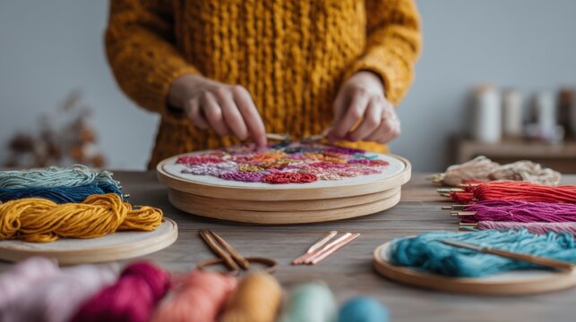 Creative embroidery workshop with colorful threads and embroidery hoop for diy craft projects,National Sewing Month
