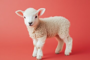 Fototapeta premium Tiny newborn lamb standing unsteadily with soft wool