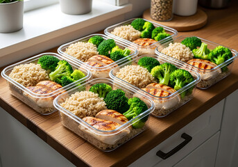Six pre-portioned meal prep containers filled with chicken, rice, and broccoli, neatly arranged on a wooden surface.