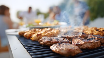 Grill with meat on it and a group of people standing around it
