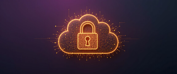 Abstract pop up cyber protection 3d digital lock which created by millions of tiny golden glowing particles connected by glowing lines, in a solid minimalist dark purple gradient texture background, w