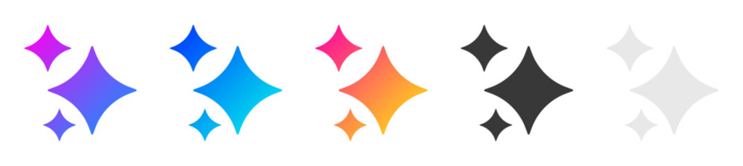 Generative AI stars and sparkles app logo icon set with colorful and black flat designs, modern artificial intelligence symbols for creative tools and tech applications