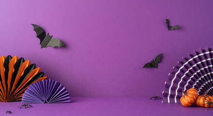 Vivid purple side view backdrop featuring black bats, mini pumpkins, and colorful paper crafts. Ideal for Halloween themes, festive atmospheres, and spooky celebrations with vibrant eerie decorations
