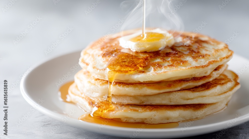 Poster stack of pancakes with butter and syrup on top