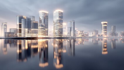 Obraz premium Modern city skyline reflected in calm water