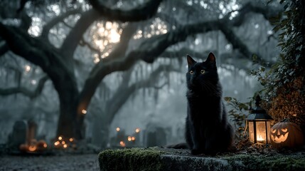Black cat is sitting on a rock in front of a cemetery