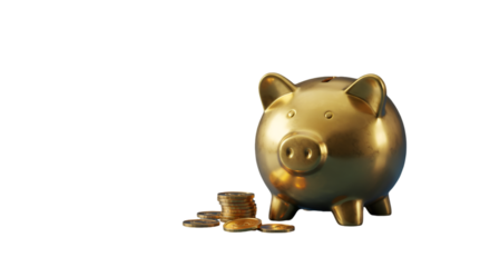Golden Piggy Bank With Pile Of Coins On Isolated Background Photo