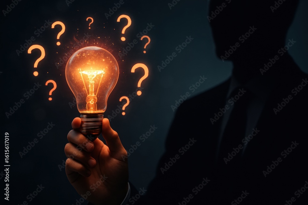 Poster illuminating insight: a silhouette of a business professional holds a glowing light bulb surrounded 