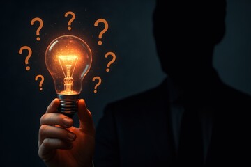 Illuminating Ideas: A silhouette of a person holds a radiant lightbulb surrounded by question marks, embodying the spark of innovation and the pursuit of solutions.
