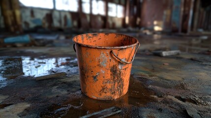 Fototapeta premium Rusty orange bucket in a derelict factory