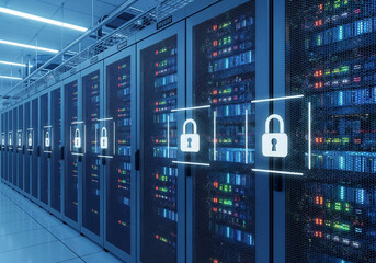 Digital security concept with glowing padlocks over blue server racks