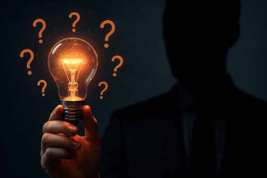 Illuminating Ideas: A silhouette of a person holds a radiant lightbulb surrounded by question marks, embodying the spark of innovation and the pursuit of solutions.