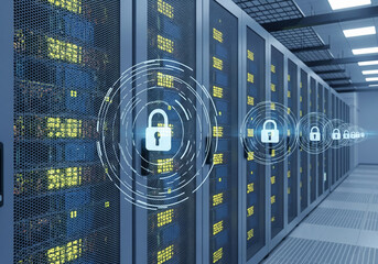 Data security concept with glowing padlocks over server racks in a data center