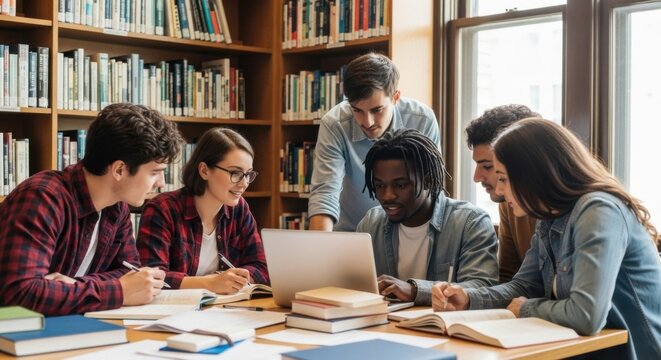 Diverse group of students collaborating on a project in a library surrounded by bookshelves