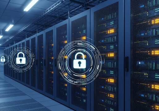 Data security concept with glowing padlocks over server racks in a data center - Powered by Adobe