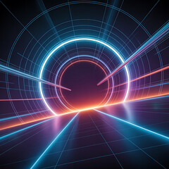 Obraz premium A vibrant, futuristic tunnel with concentric rings and converging light beams, symbolizing data flow or speed.