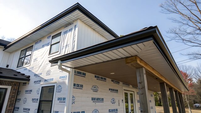 Side angle of contemporary home corner roof with visible thick insulation wrap beneath exterior،house, building, architecture, home, exterior, construction, window, sky, roof, old, blue, city, windows
