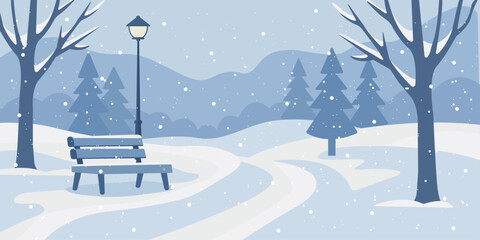 Flat vector winter landscape with snow-covered park bench, trees, and lamppost. Peaceful snowy scene in blue tones, ideal for Christmas, seasonal greeting cards, and web design.