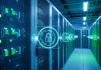 Cybersecurity concept with glowing padlocks in a blue-lit server room