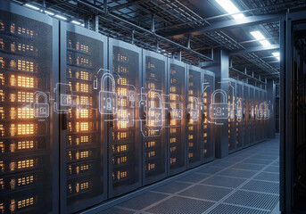 Rows of server racks with illuminated security padlocks in a data center