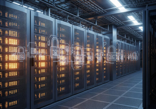 Rows of server racks with illuminated security padlocks in a data center