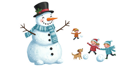 Illustration Of Happy Snowman And Kids Playing With Dog In Winter Season